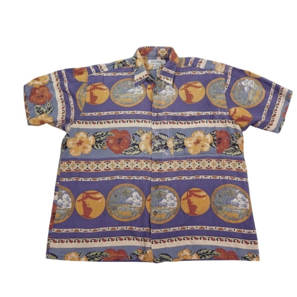 VTG Feldini Mens Hawaiian Tropical‎ Linen Blend Shirt Large Short Sleeve